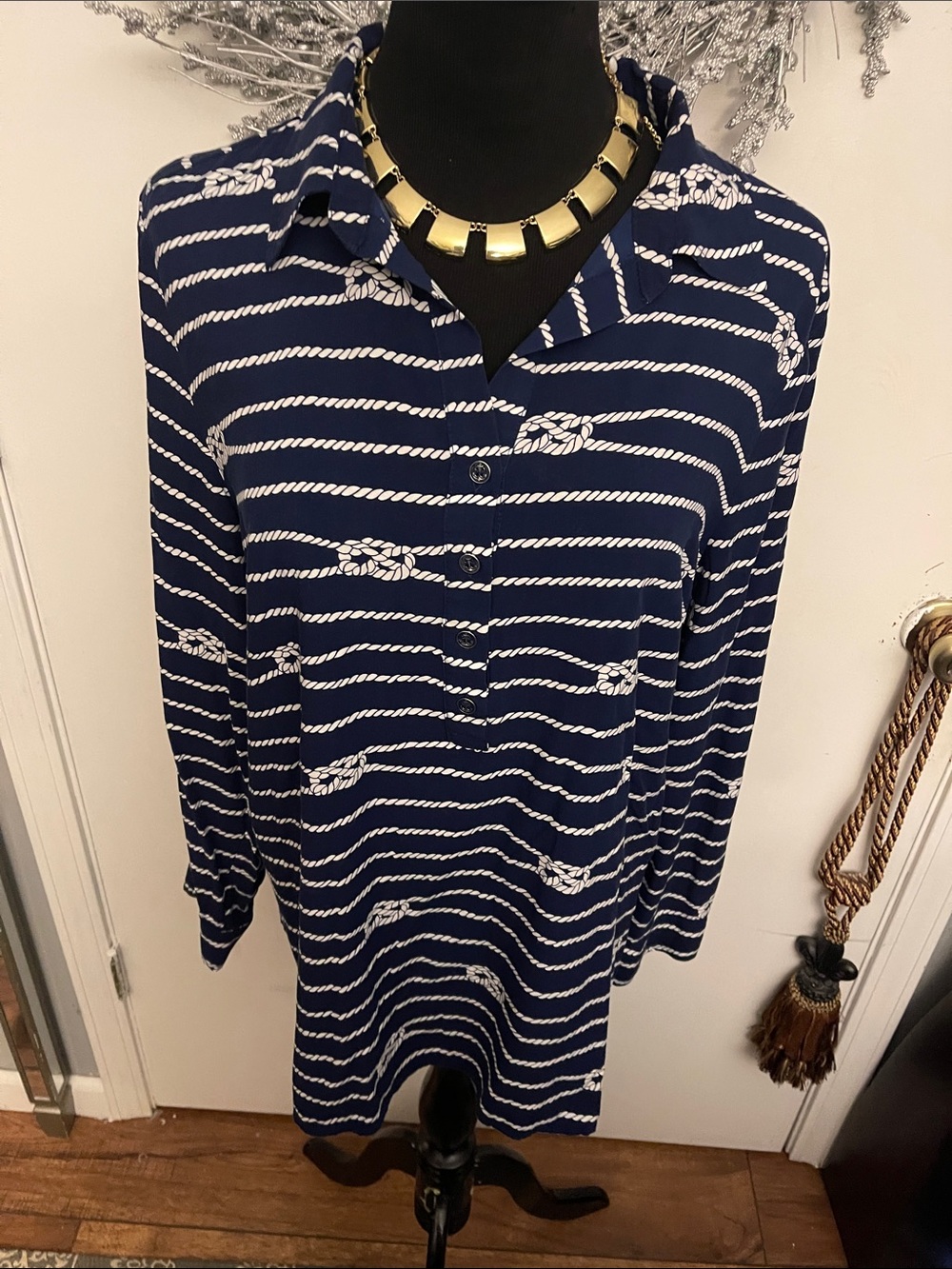 Talbots Navy and White Rope-Print Button Down Shirt
